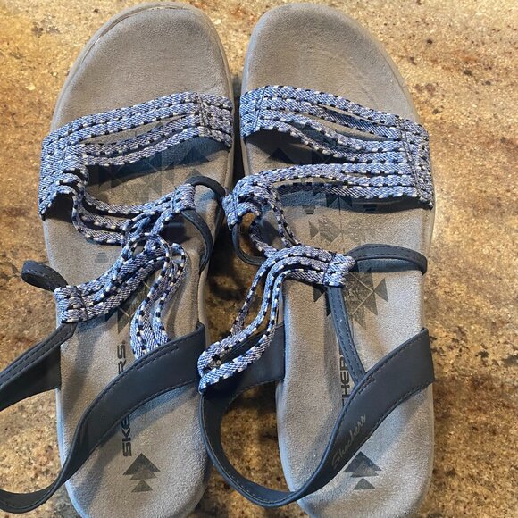 Skechers Sandals Women's 8 Elastic Straps Memory Foam Flats Blue Slip On - Picture 1 of 3